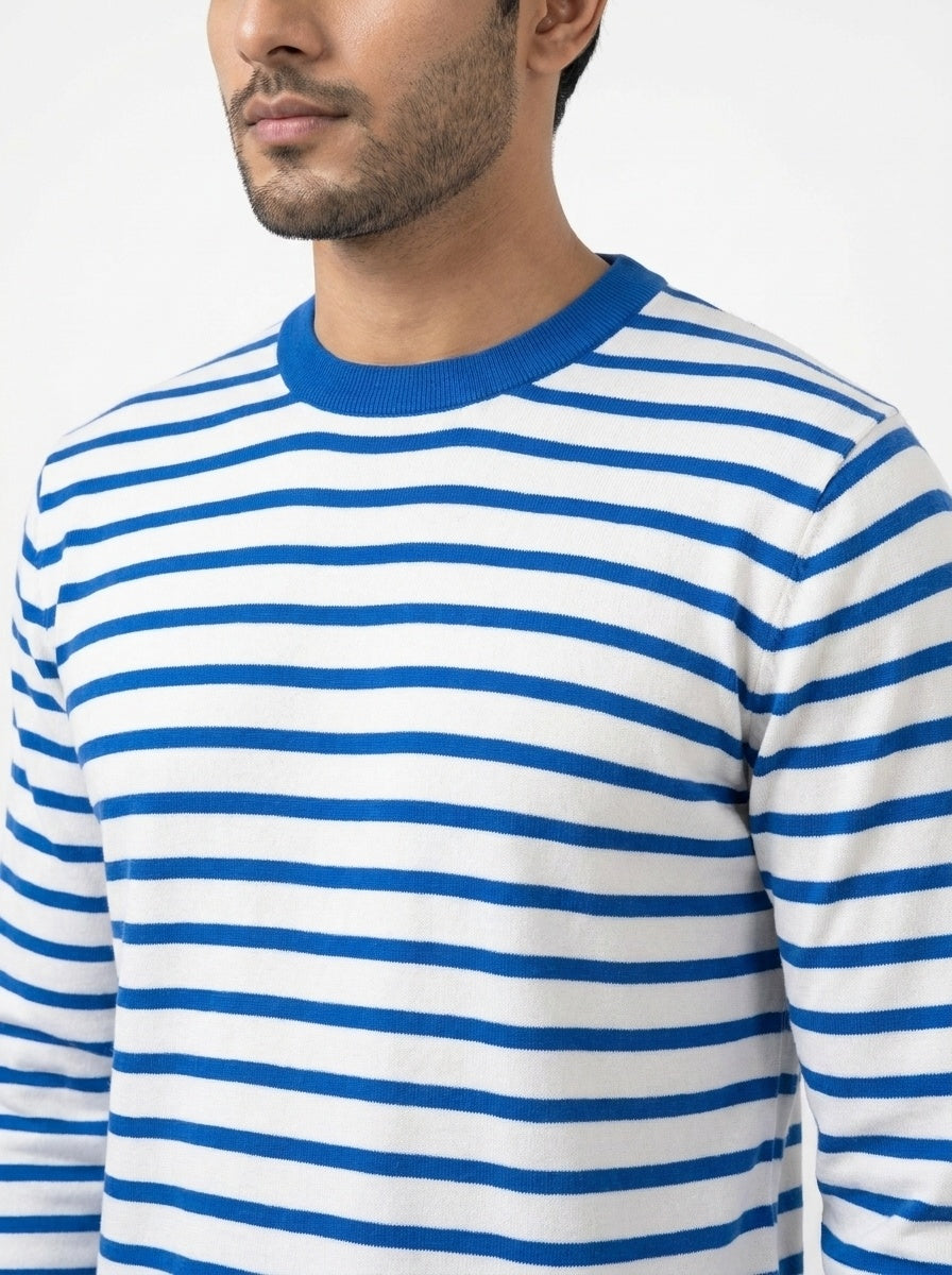 White & Royal Blue Striped Terry Crew Neck Sweatshirt for Men