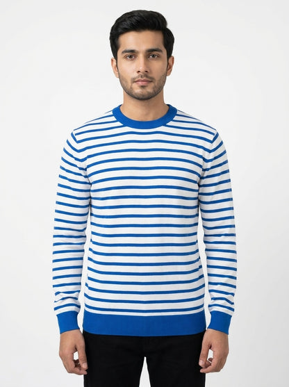 White & Royal Blue Striped Terry Crew Neck Sweatshirt for Men