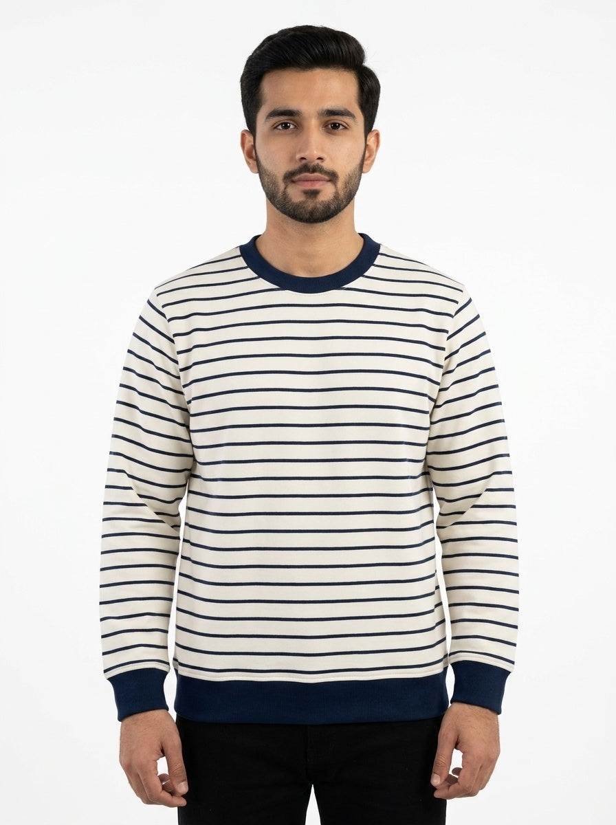 Off White & Deep Blue Striped Terry Crew Neck Sweatshirt for Men