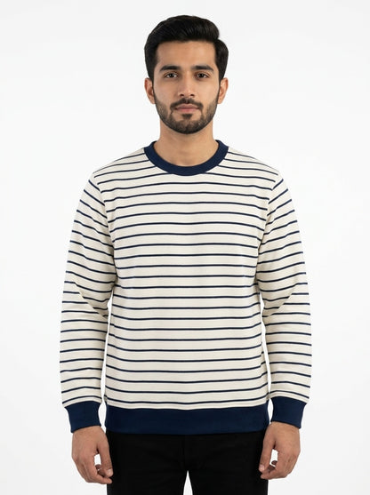 Off White & Deep Blue Striped Terry Crew Neck Sweatshirt for Men