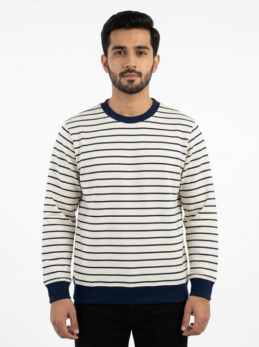 Off White & Deep Blue Striped Terry Crew Neck Sweatshirt for Men
