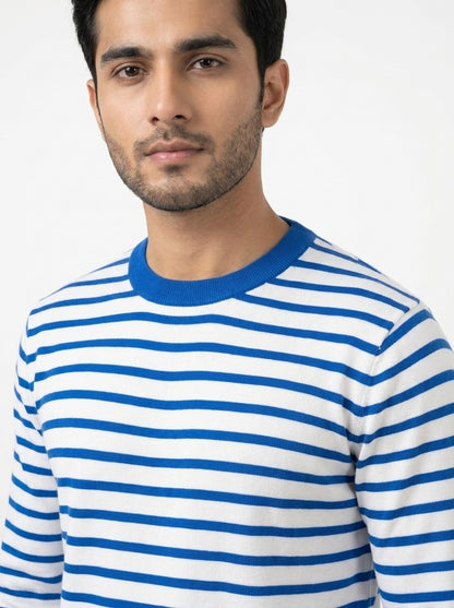 White & Royal Blue Striped Terry Crew Neck Sweatshirt for Men