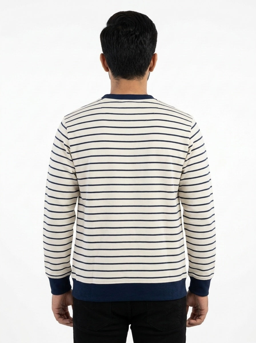 Off White & Deep Blue Striped Terry Crew Neck Sweatshirt for Men