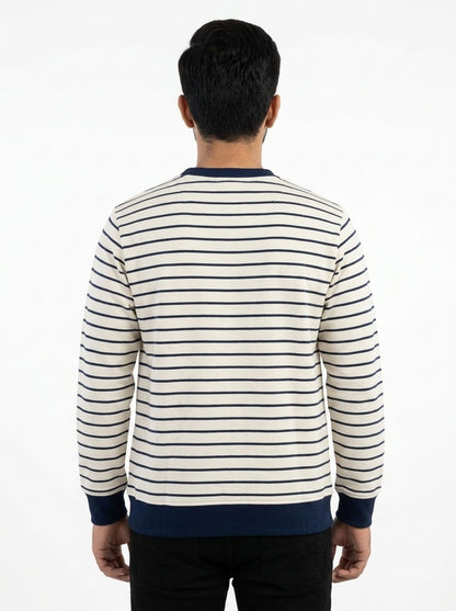 Off White & Deep Blue Striped Terry Crew Neck Sweatshirt for Men