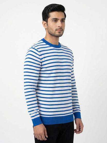 White & Royal Blue Striped Terry Crew Neck Sweatshirt for Men
