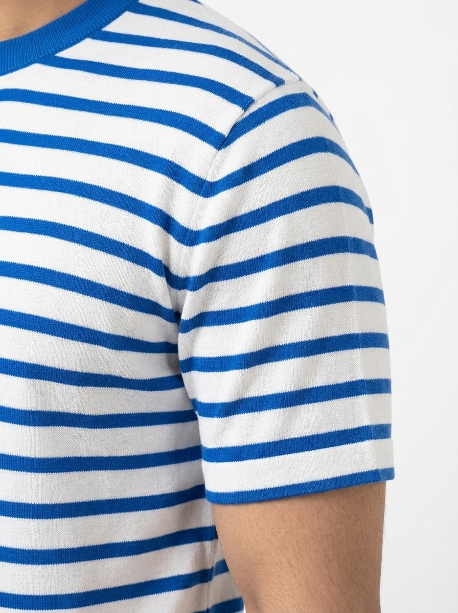 White & Royal Blue Striped Terry Crew Neck Sweatshirt for Men