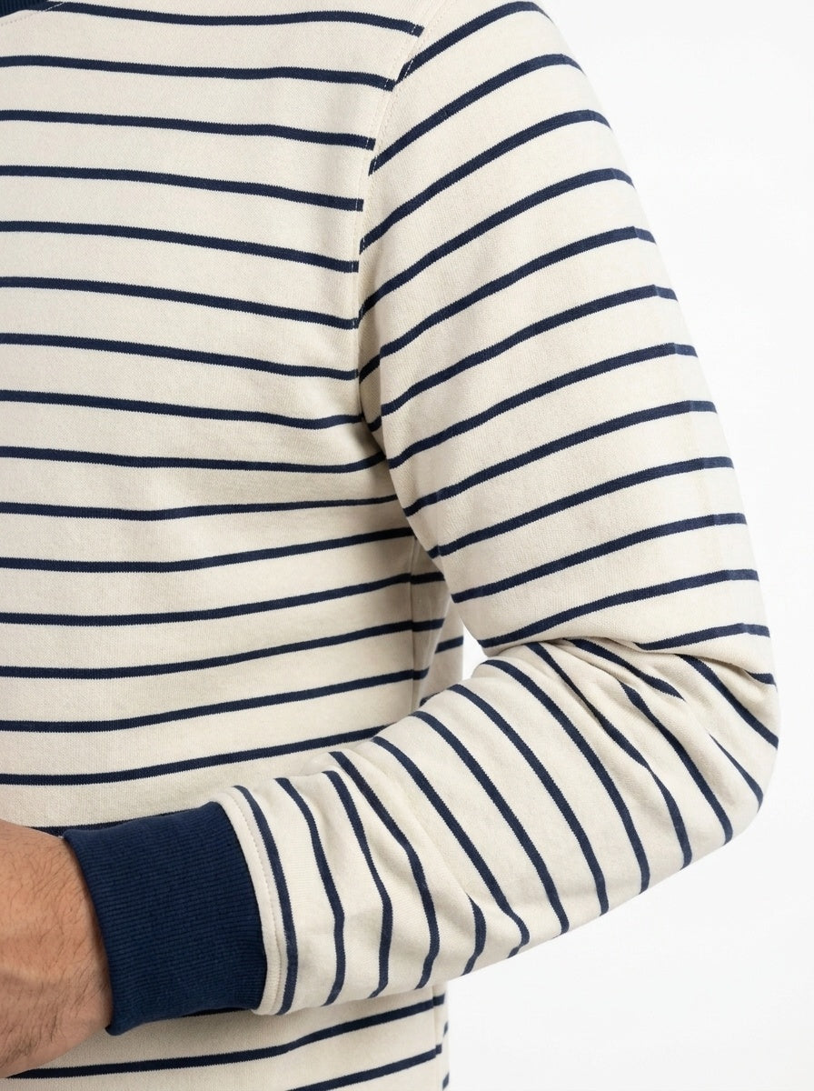Off White & Deep Blue Striped Terry Crew Neck Sweatshirt for Men