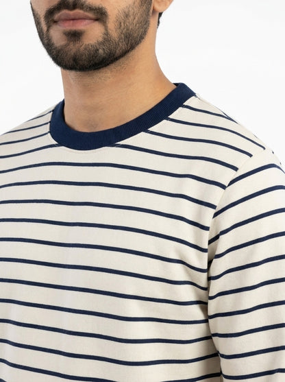 Off White & Deep Blue Striped Terry Crew Neck Sweatshirt for Men