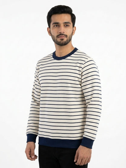 Off White & Deep Blue Striped Terry Crew Neck Sweatshirt for Men
